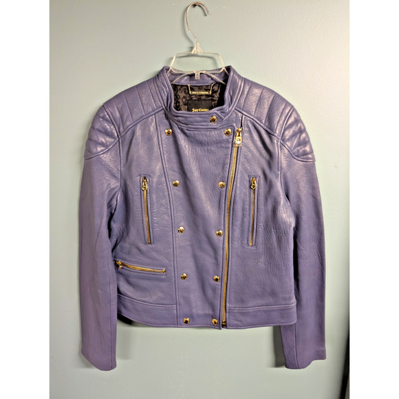 Juicy Couture Lilac Purple Real Leather Motorcycle Jacket Sz L - Picture 1 of 9